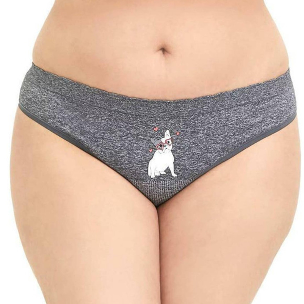 1X 14/16 Torrid Heather Gray Seamless Frenchie Dog Hearts Thong Panty Panties